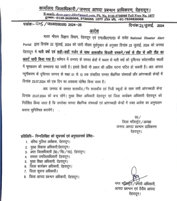 Due to heavy rain in Dehradun, schools from class 1 to class 12 will remain closed tomorrow, decision was taken due to rain alert