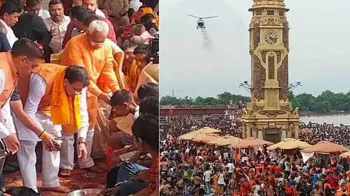 CM Dhami welcomed the Kanwar pilgrims by washing their feet and showered flowers from the helicopter