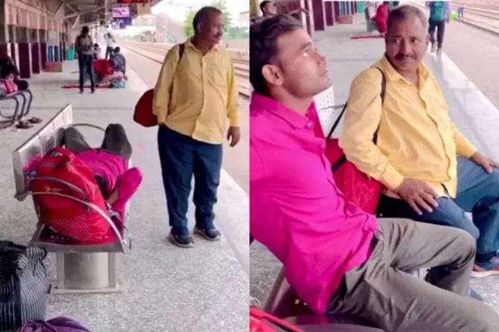 Video: A man surrounded the platform bench and lay down on the entire place, then uncle taught him a lesson like this!