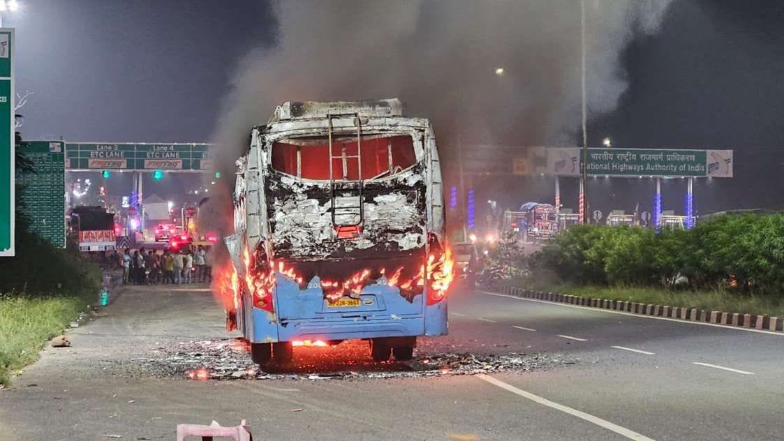 The bus caught fire, the accident happened near the toll plaza